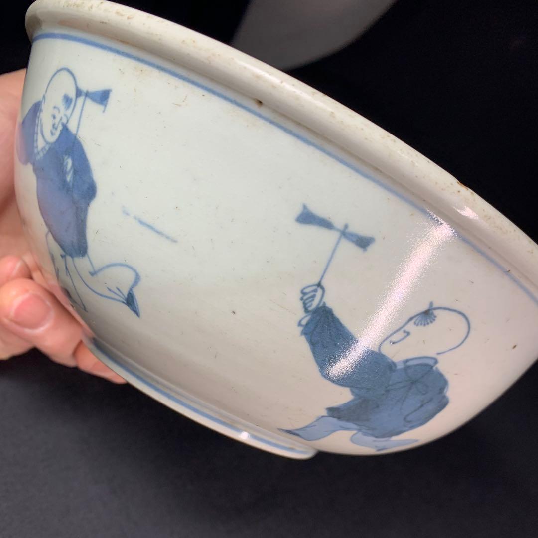 K684⭐︎湖東焼 染付 見込みは五弁花 唐子文 二重角福 献上手 鉢