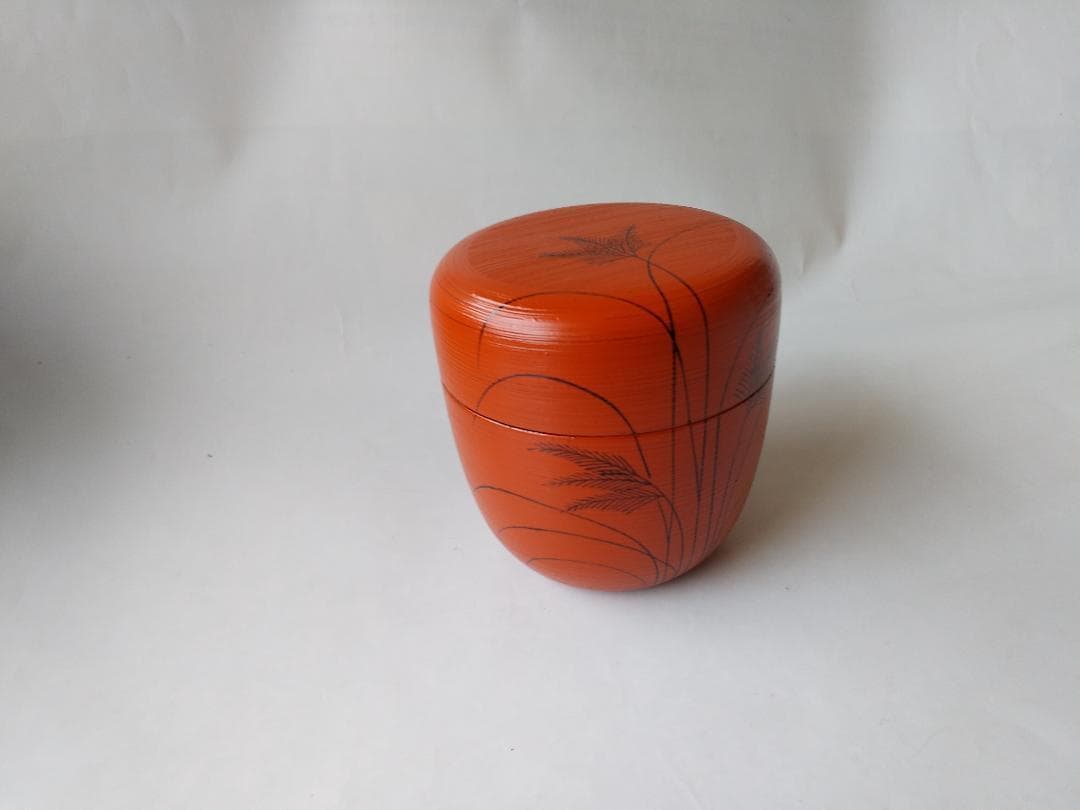 山中塗 蒔絵師 筑城筑良 作 朱刷毛目 ススキ 中棗 漆器 漆芸 棗 共箱 新品