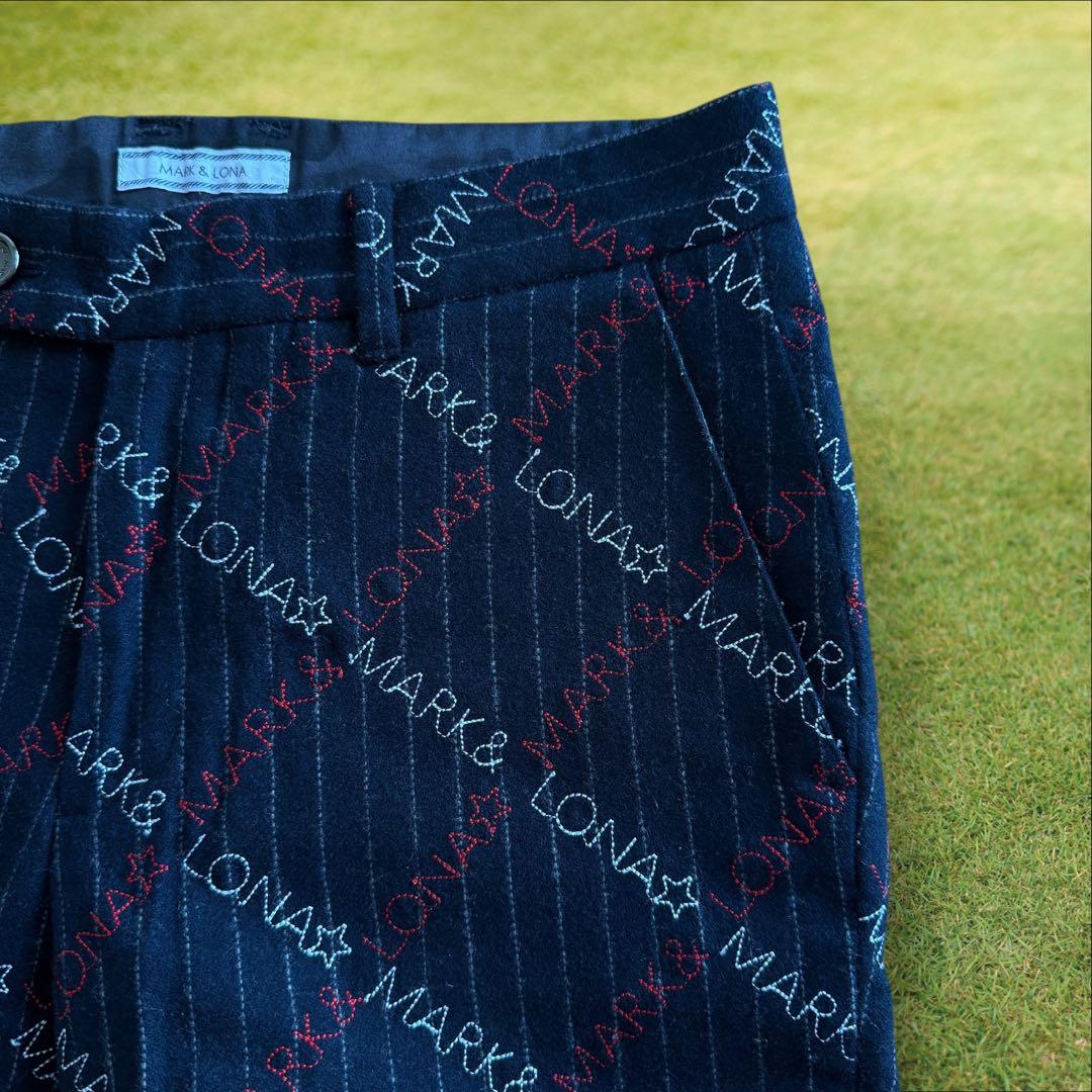 起毛素材　秋冬　マークアンドロナ　ジョガーパンツ　総柄　S〜M相当　紺　ネイビー