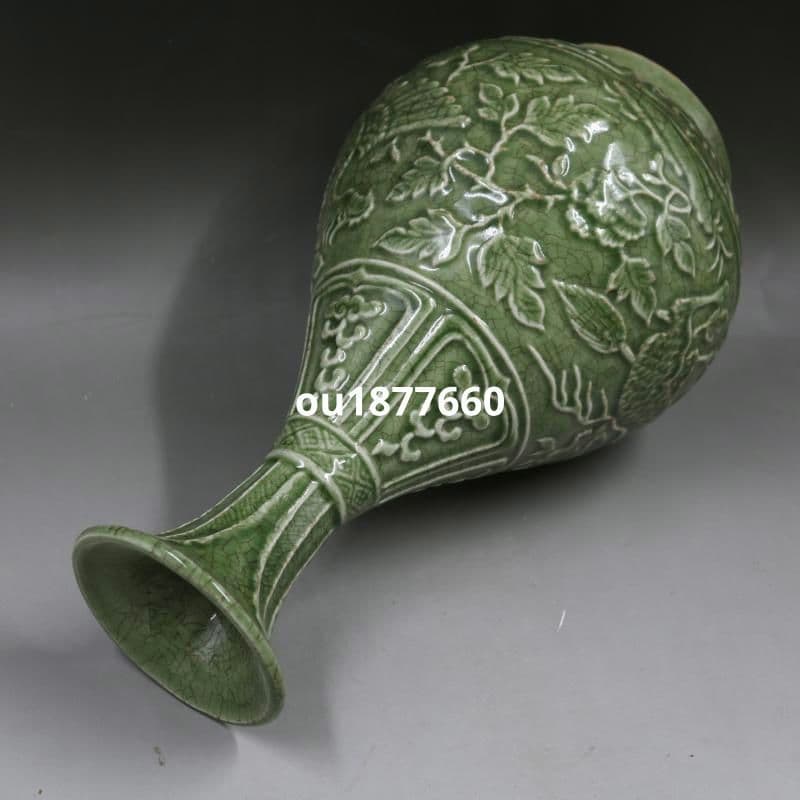 青磁浮彫り鳳紋玉壺春瓶 景徳鎮 陶磁器 装飾品 現代工芸品 美術品 置物