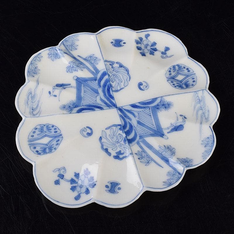 瀬戸焼　松籟園製　染付　花鳥文　扇面皿　V　R9526