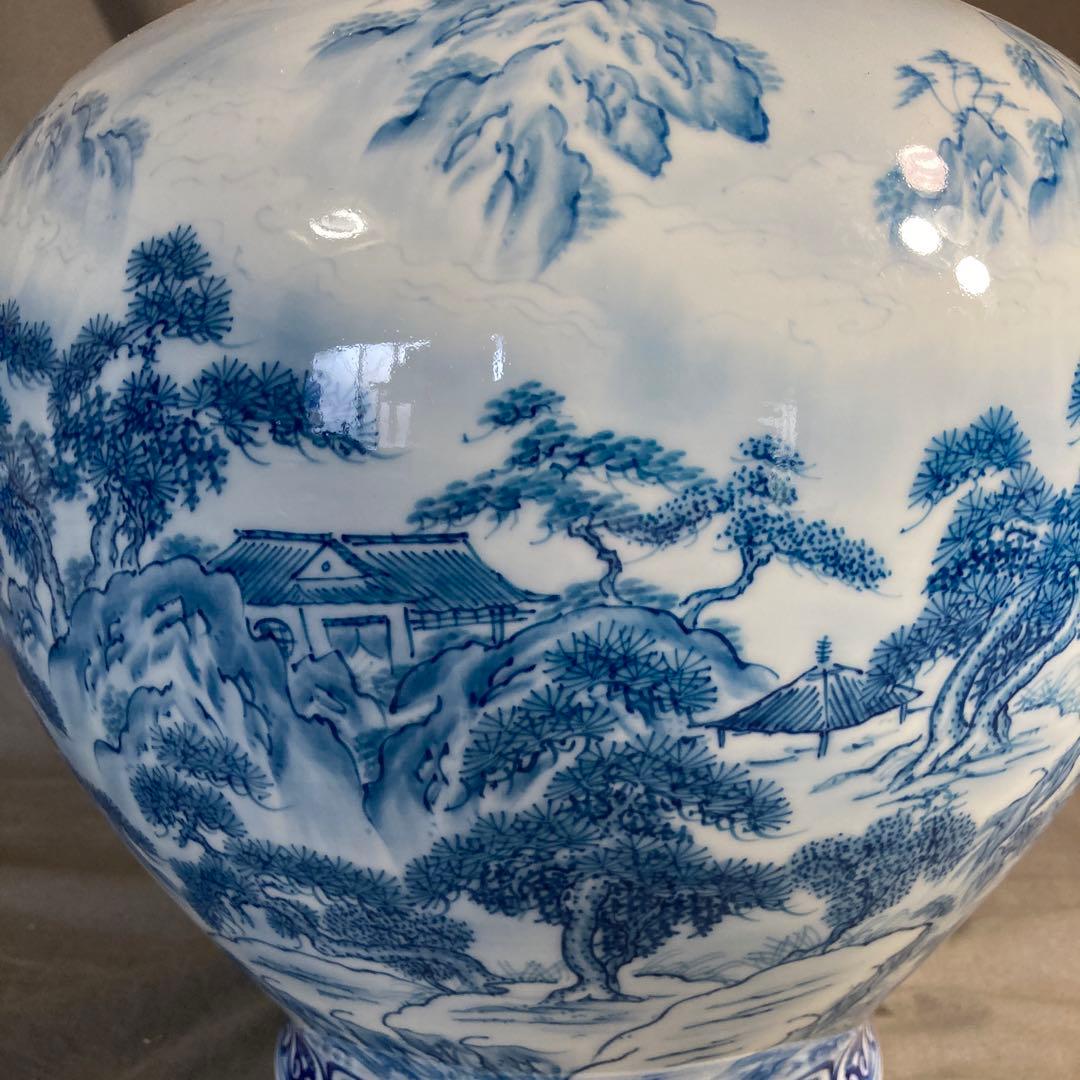 【松右衛門】古伊万里の伝統　日本の名窯　緒方松右衛門作　染付廻り山水絵　大花瓶