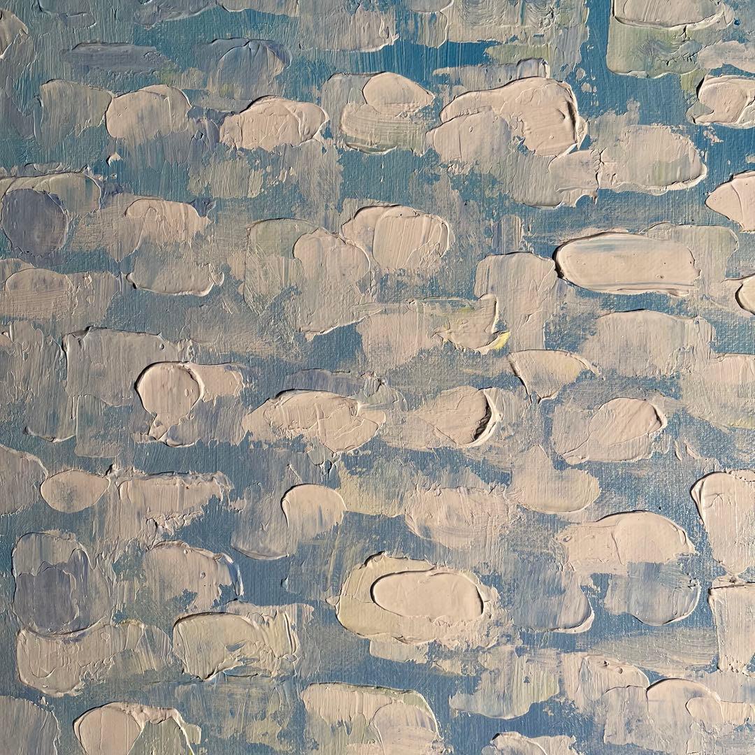 手書き油絵 スカイブルー 額付 肉筆絵画 インテリア 油彩画