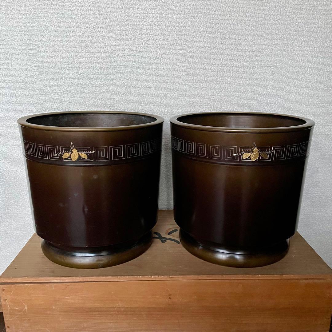 火鉢 一対（2点）木箱付 金属製 昭和レトロ 古道具 茶道具 和インテリア