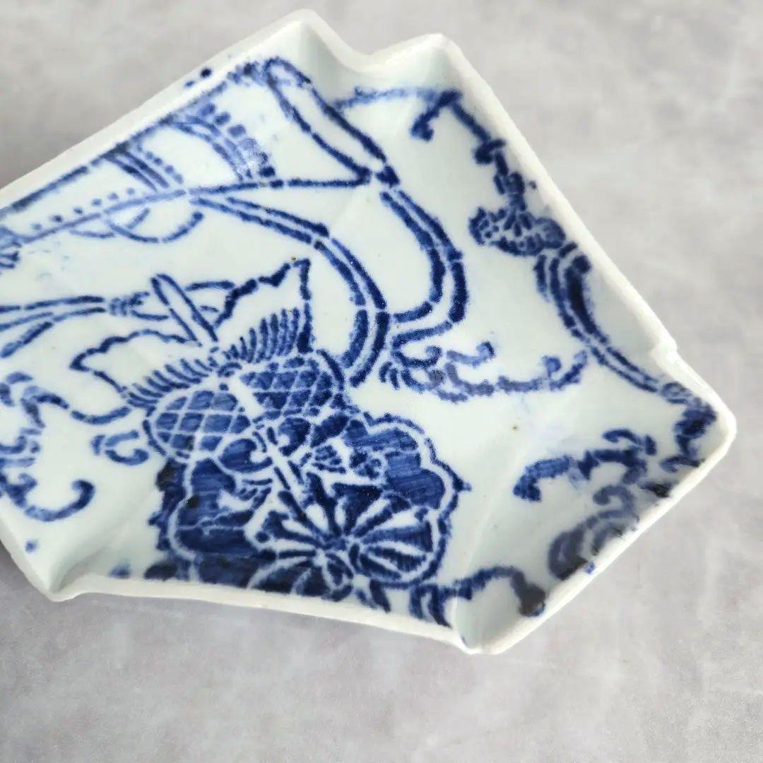 古伊万里　染付小皿　型紙摺　印判　軍配　上手　型物　骨董品　アンティーク　金継ぎ