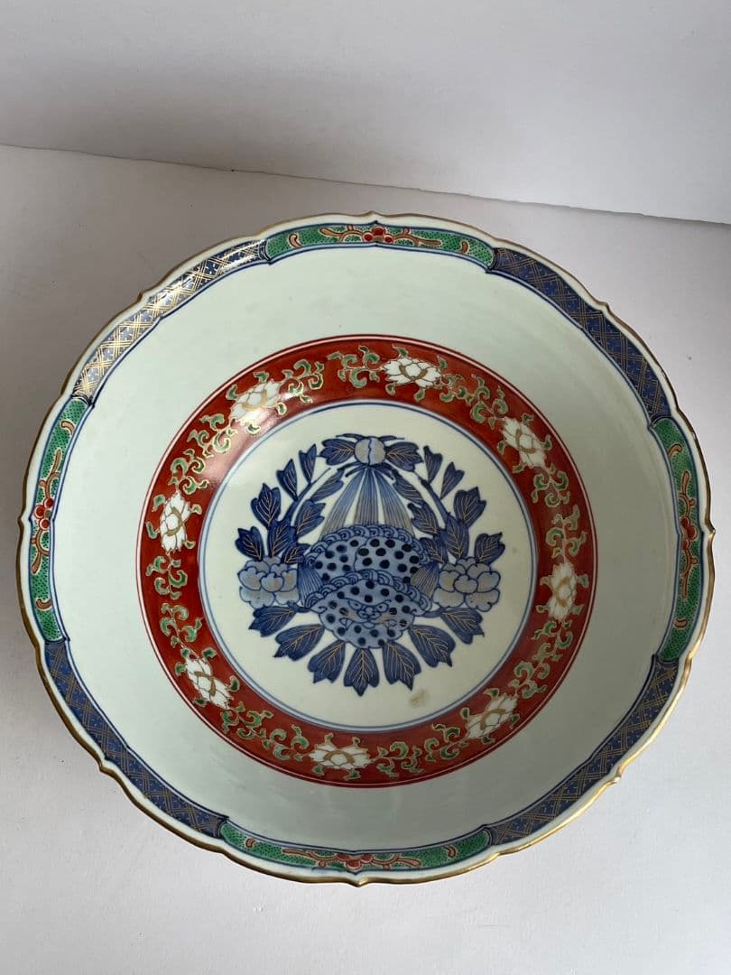 ②古伊万里　金彩赤絵大鉢27cm　木箱付　アンティーク/特大鉢/菓子鉢/深鉢