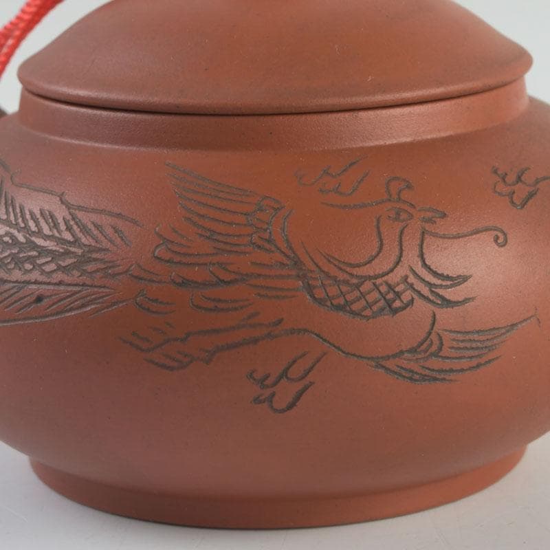 中国　紫砂　朱泥　雲龍鳳凰刻　急須　茶壷　在銘　N　9442