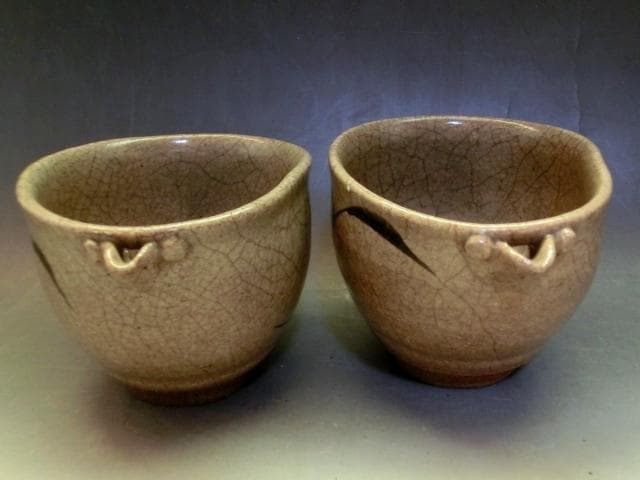 酒器■絵唐津 歪み片口 2客 古唐津超名品【江戸時代】猪口 酒杯 時代物 骨董