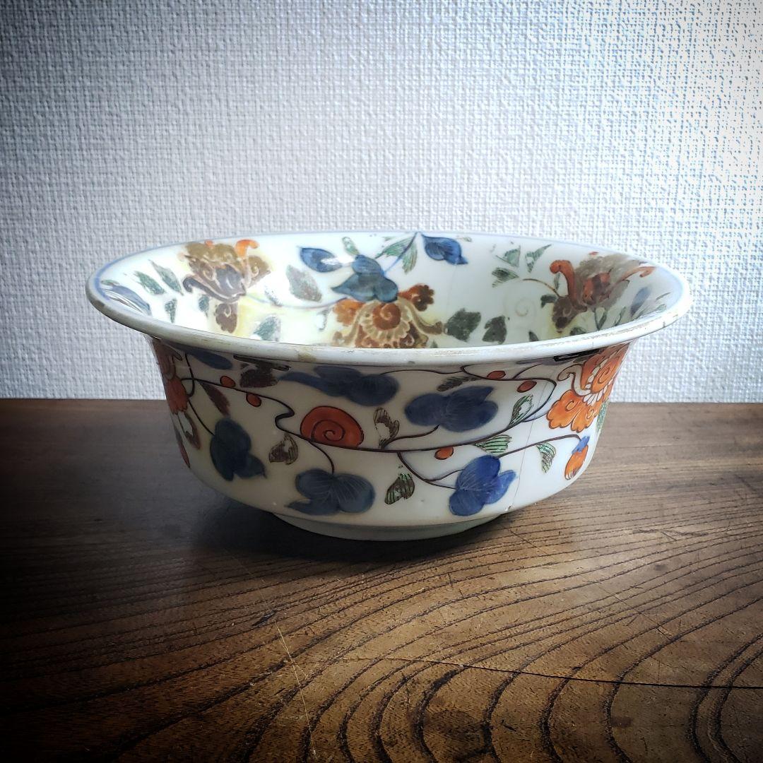 鉢　龍　中国骨董　直し　鎹　草花文様　富貴長春　色絵付け　直しあり