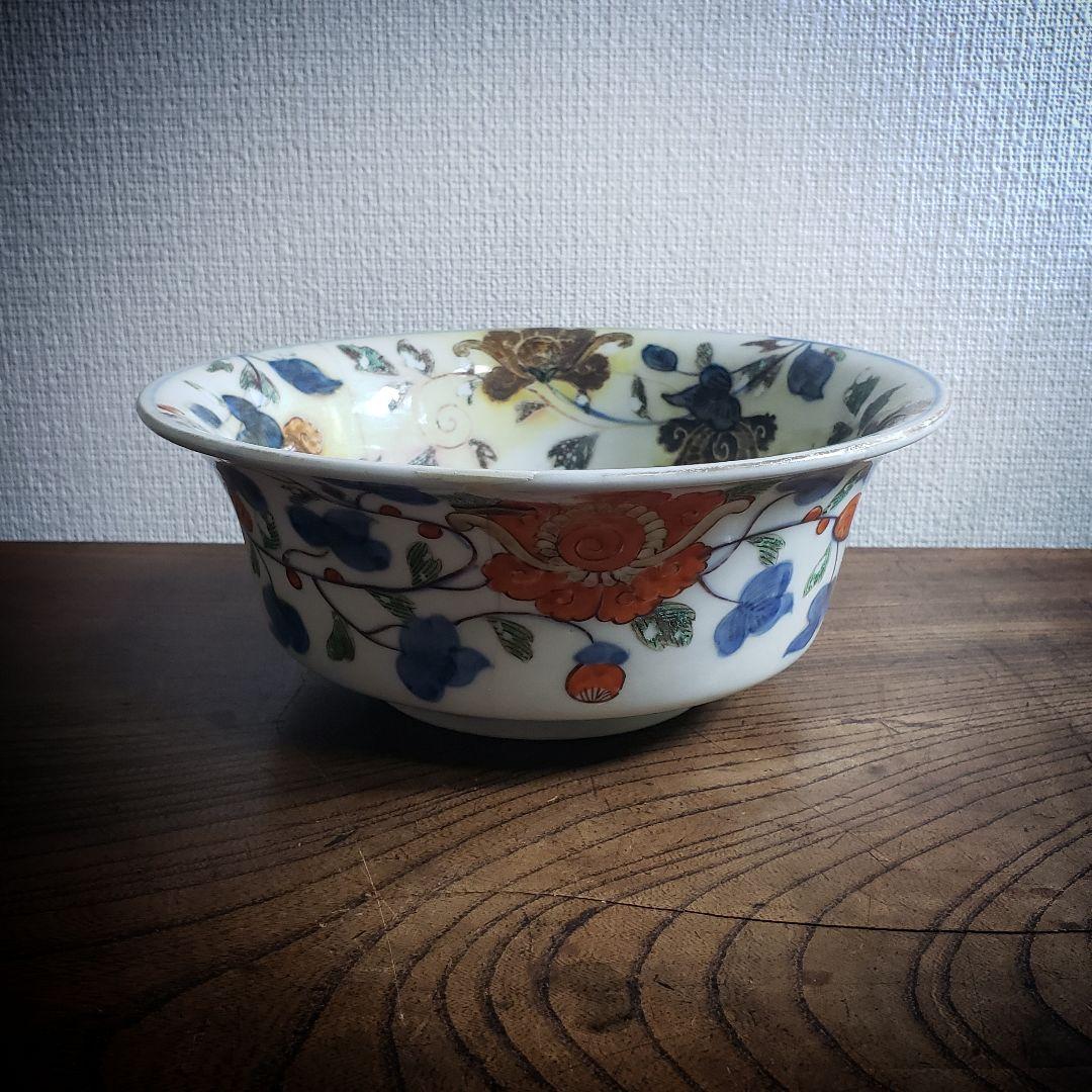 鉢　龍　中国骨董　直し　鎹　草花文様　富貴長春　色絵付け　直しあり