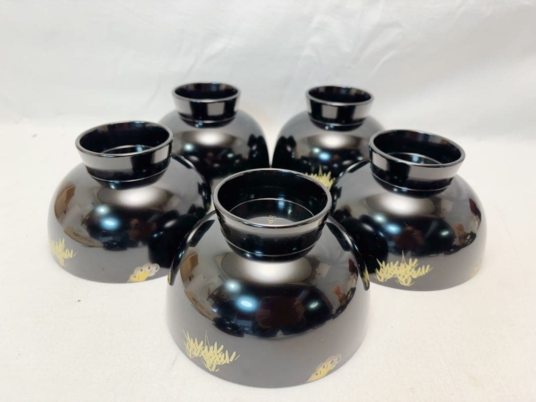 未使用 懐石道具 冨田立山作 天然木製黒真塗 寅彫漆 雑煮椀 5客揃 底刻印共箱