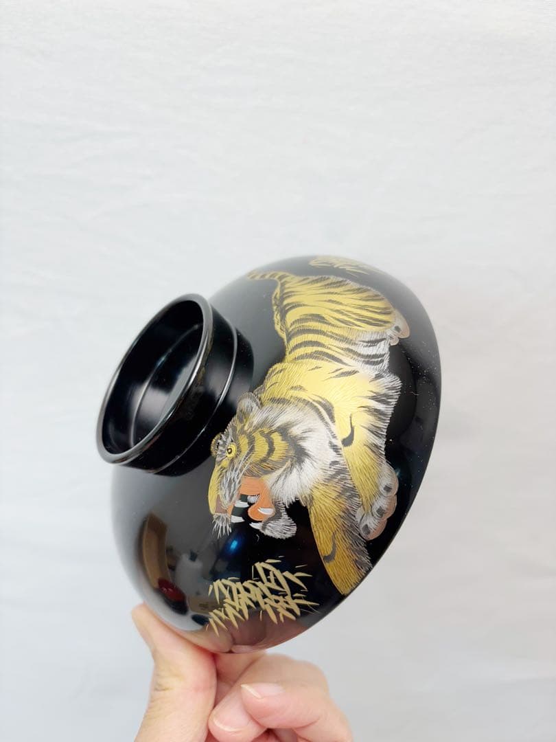 未使用 懐石道具 冨田立山作 天然木製黒真塗 寅彫漆 雑煮椀 5客揃 底刻印共箱