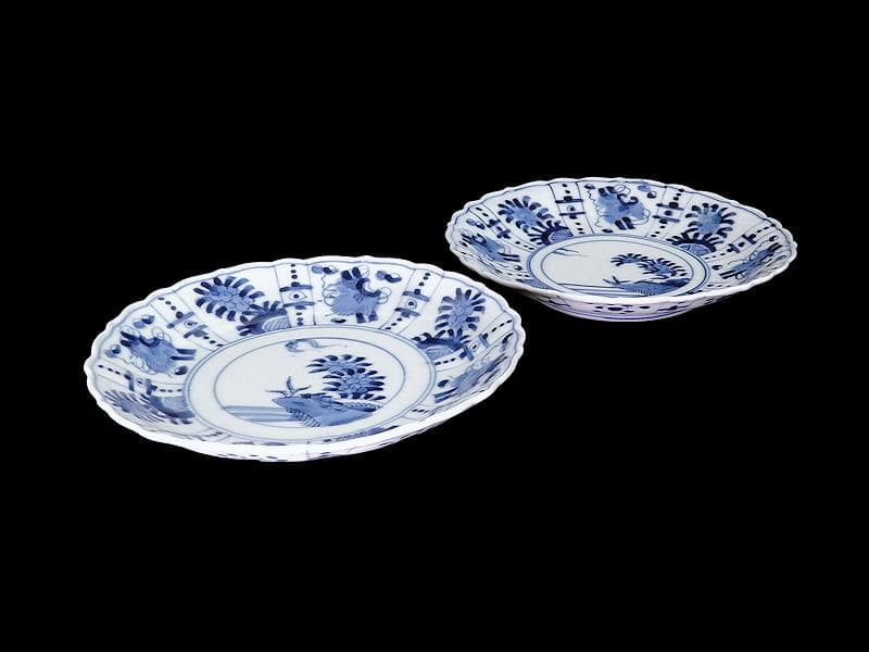 平戸　伊万里　染付　芙蓉手　隠れ蓑に花の図　６寸皿　２枚　E179AS-CSh