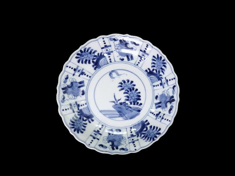 平戸　伊万里　染付　芙蓉手　隠れ蓑に花の図　６寸皿　２枚　E179AS-CSh