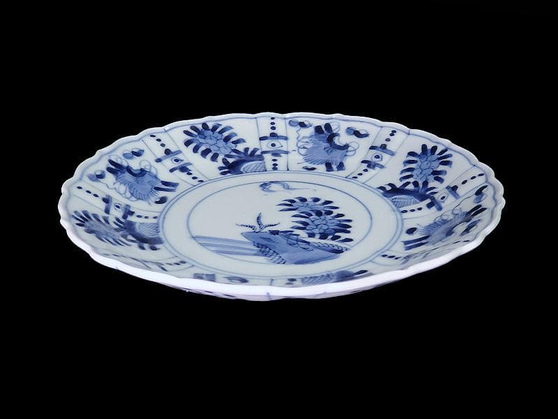 平戸　伊万里　染付　芙蓉手　隠れ蓑に花の図　６寸皿　２枚　E179AS-CSh