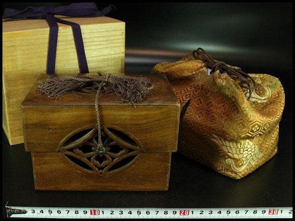 遠州流 桑 七宝透かし 黒柿 茶箱 美品 綺麗寂 時代仕服付(K-A344)