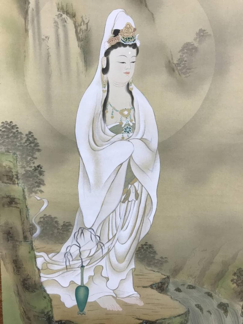 【真作】川島玉峰/岩上観音図/観音像図/カンノン図/掛軸/名家伝来/AD-683