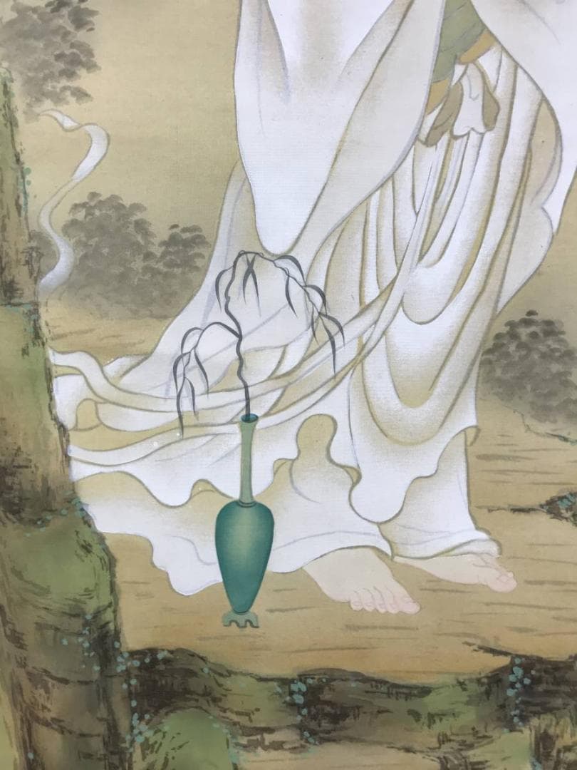 【真作】川島玉峰/岩上観音図/観音像図/カンノン図/掛軸/名家伝来/AD-683