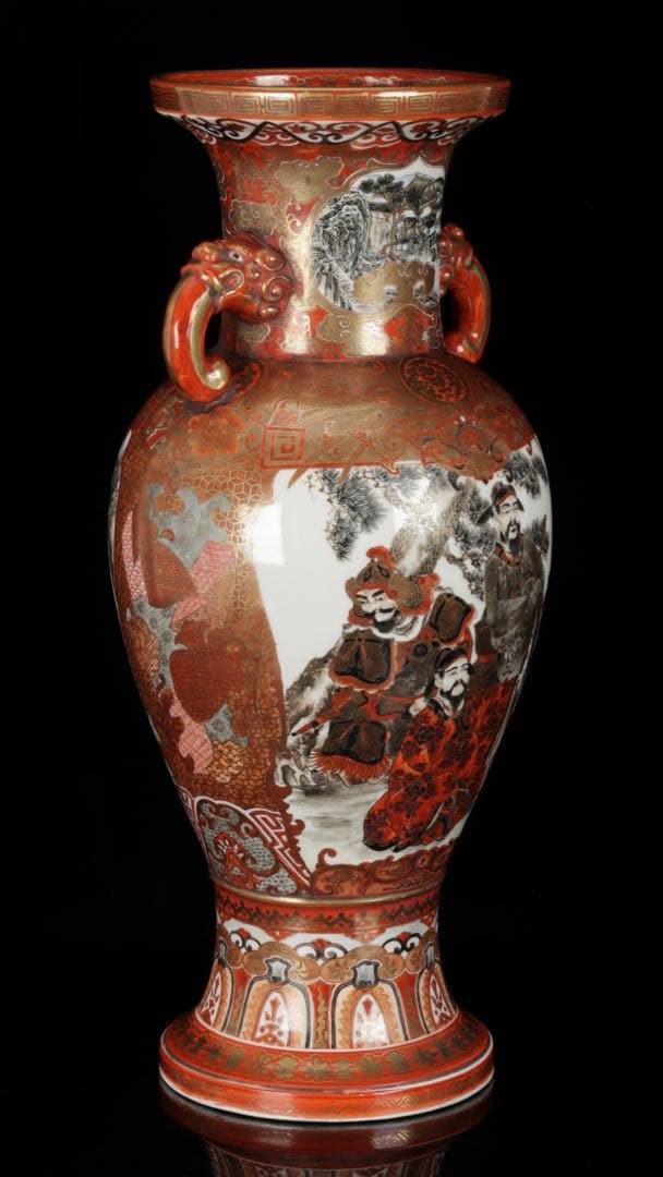 【九谷焼 大日本九谷造】金襴手赤絵金彩 龍双耳飾壺 花瓶 人物松鶴花鳥図 古美術