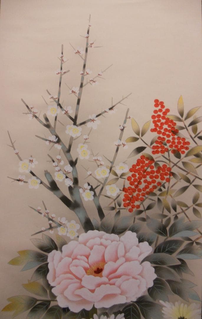 掛け軸 五郎 四季花 絹本 希少 軸装 茶道具 掛軸 美品 です。