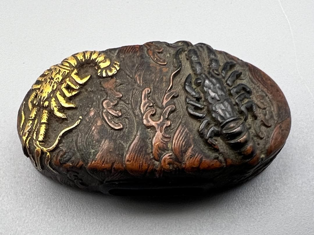 【海】江戸明治期　日本刀装具　獅子　蝦図　金象嵌　縁頭　3点　骨董品　美術品