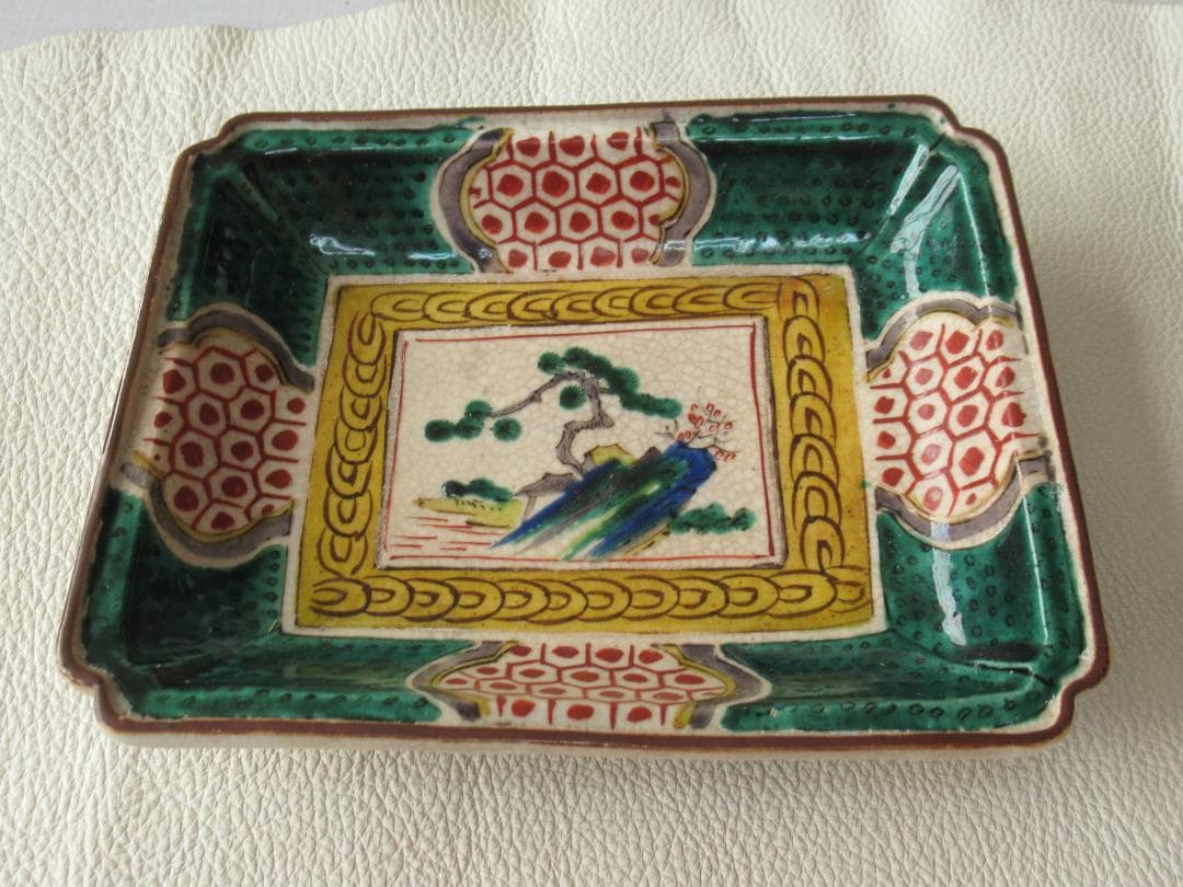 ◆美品希少 江戸時代末期◆吉田屋 角福 青手九谷 山水図 角皿 横幅18.2cm