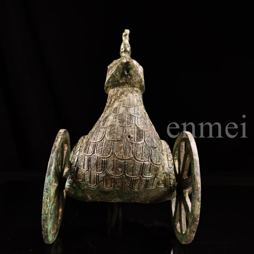 中国古美術・珍品旧藏・青銅製の鳳鳥車・鏨刻・純銅製・高浮彫・置物・風水開運・置物