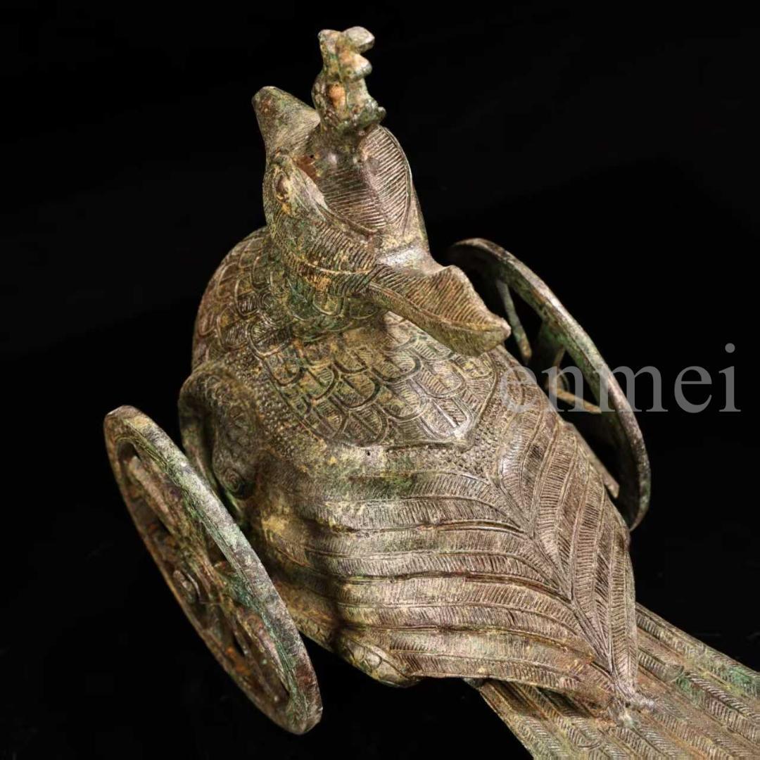 中国古美術・珍品旧藏・青銅製の鳳鳥車・鏨刻・純銅製・高浮彫・置物・風水開運・置物