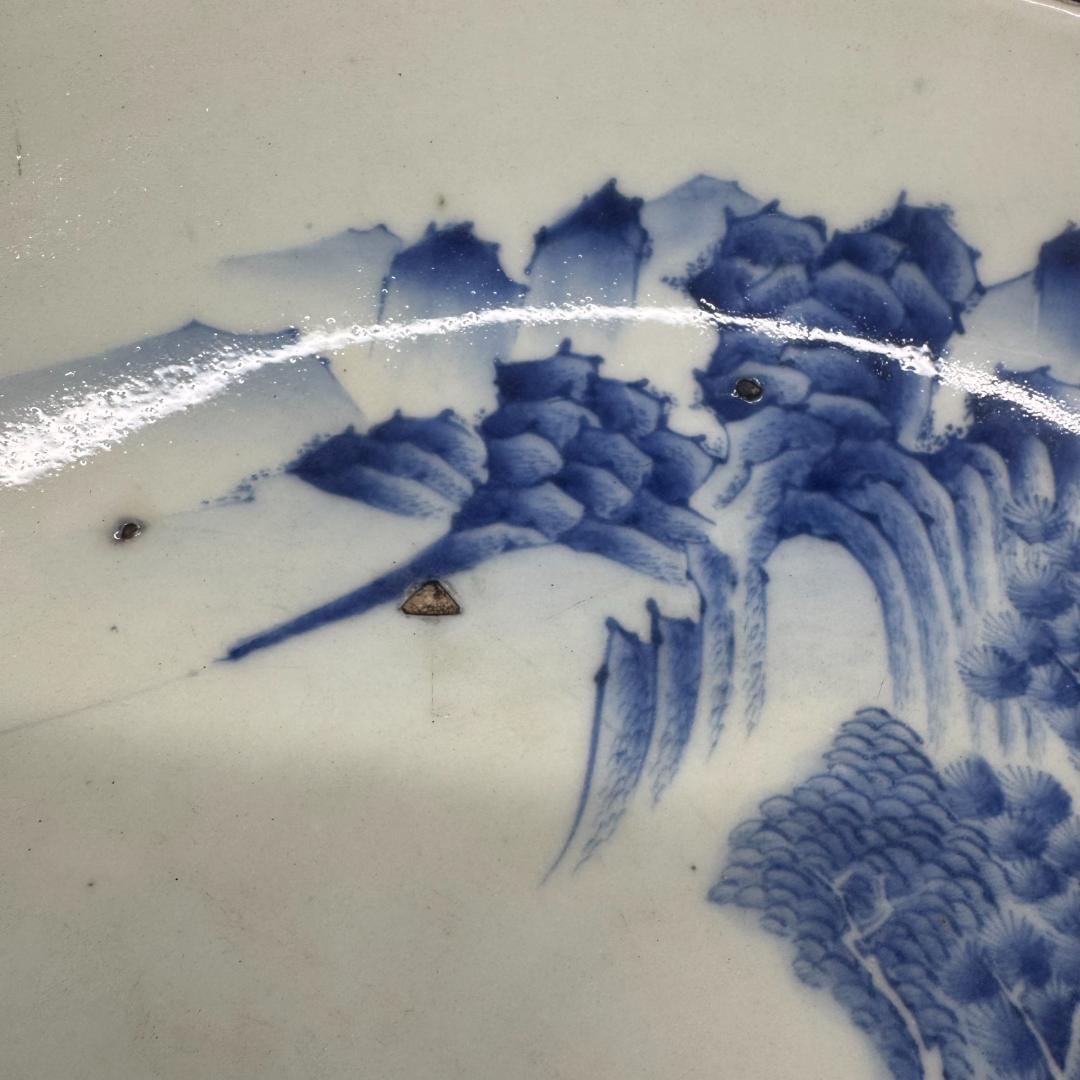 古伊万里　山水楼　大皿　染付　飾り皿　在銘　時代物33cm
