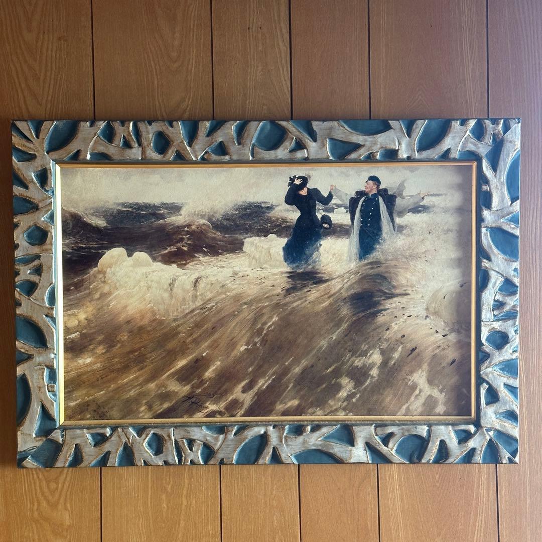 海と女性の油彩画　装飾フレーム付き 75x51.5cm