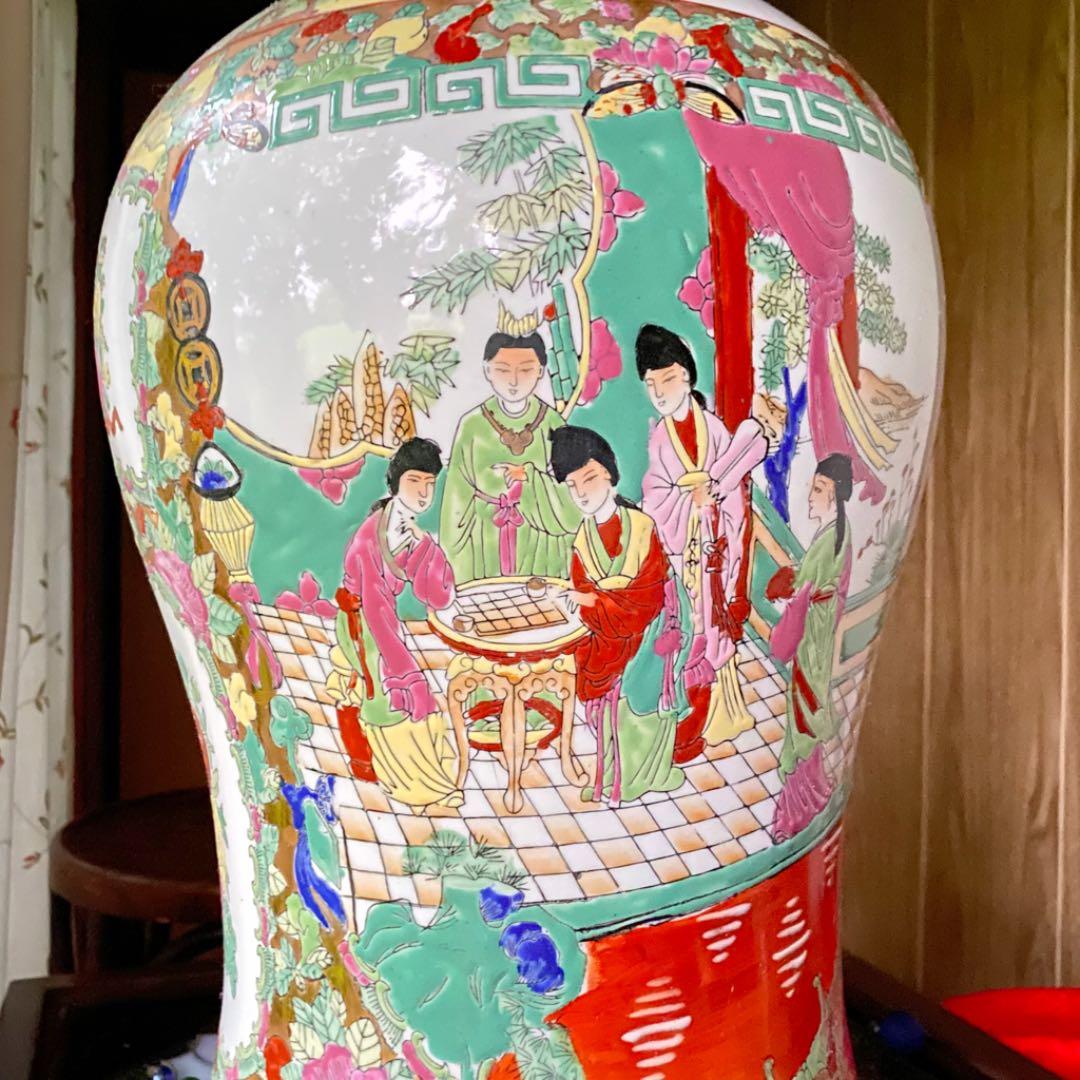 1992さま感謝‼️風水最強‼️宮中貴族美人囲碁図　鳳凰❌花　在銘中國窯蔵壺