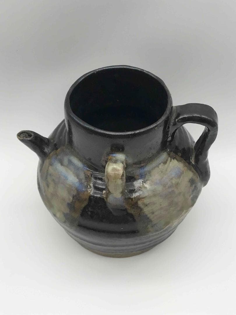 唐時代　黒釉鉄斑壺　双係瓶　水注　水差し　水指　海鼠釉　時代物(A-50)