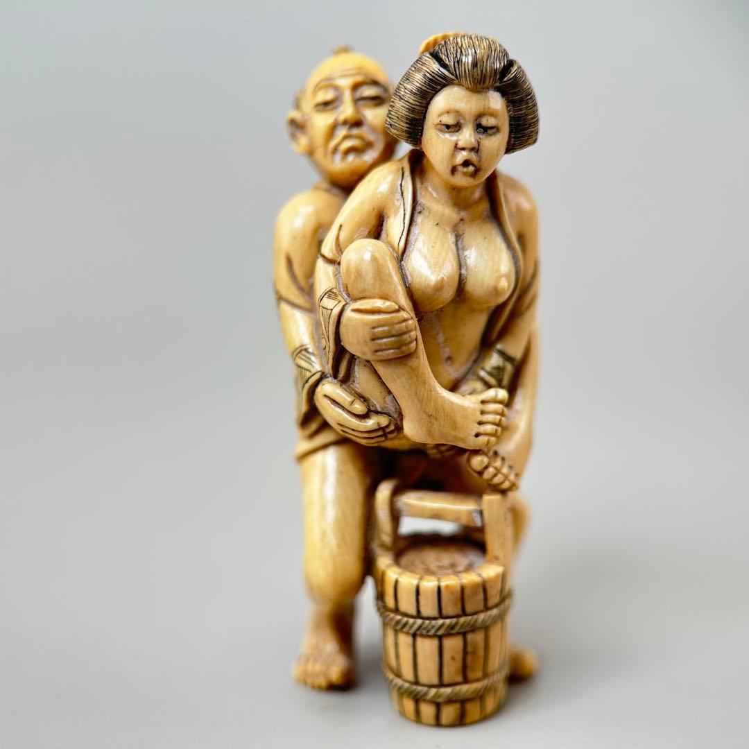 浮世絵二人の人物像 彫刻極上根付天然素材アンティーク骨董飾り物古美術置物細密細工