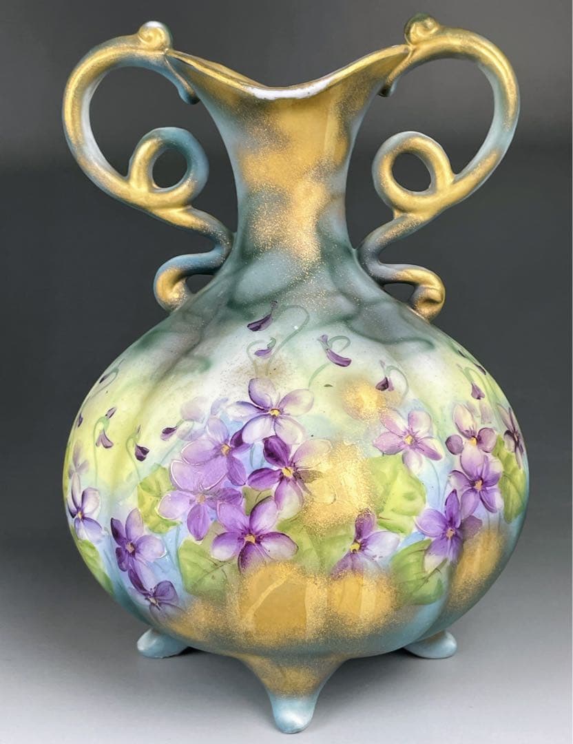 【希少】オールドノリタケ 焼き付け金彩 スミレ紋 花瓶 金釉の霧吹き 金彩ミスト