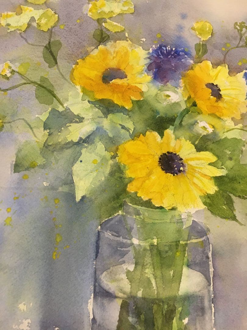 透明水彩画原画夏の花束ひまわり