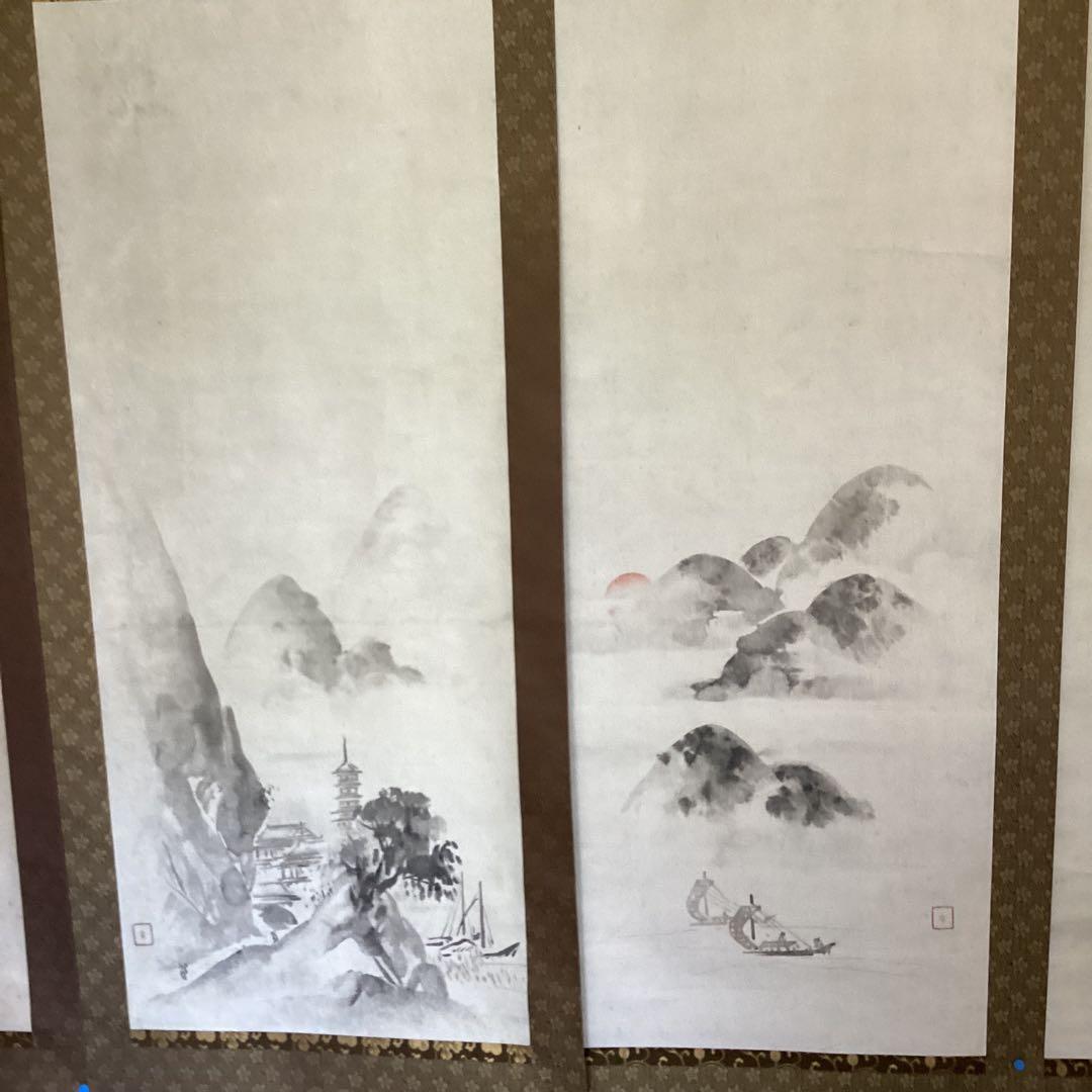 江月宗玩筆　紙本彩色水墨画　4幅対【竹林に鶏図、竹林に賢人　旭日山水　楼閣図】