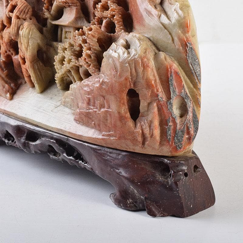 中国　玉石蝋石青田石　楼閣山水雕　床飾　置物　M　R7899C