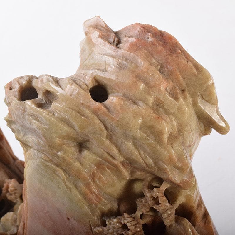 中国　玉石蝋石青田石　楼閣山水雕　床飾　置物　M　R7899C