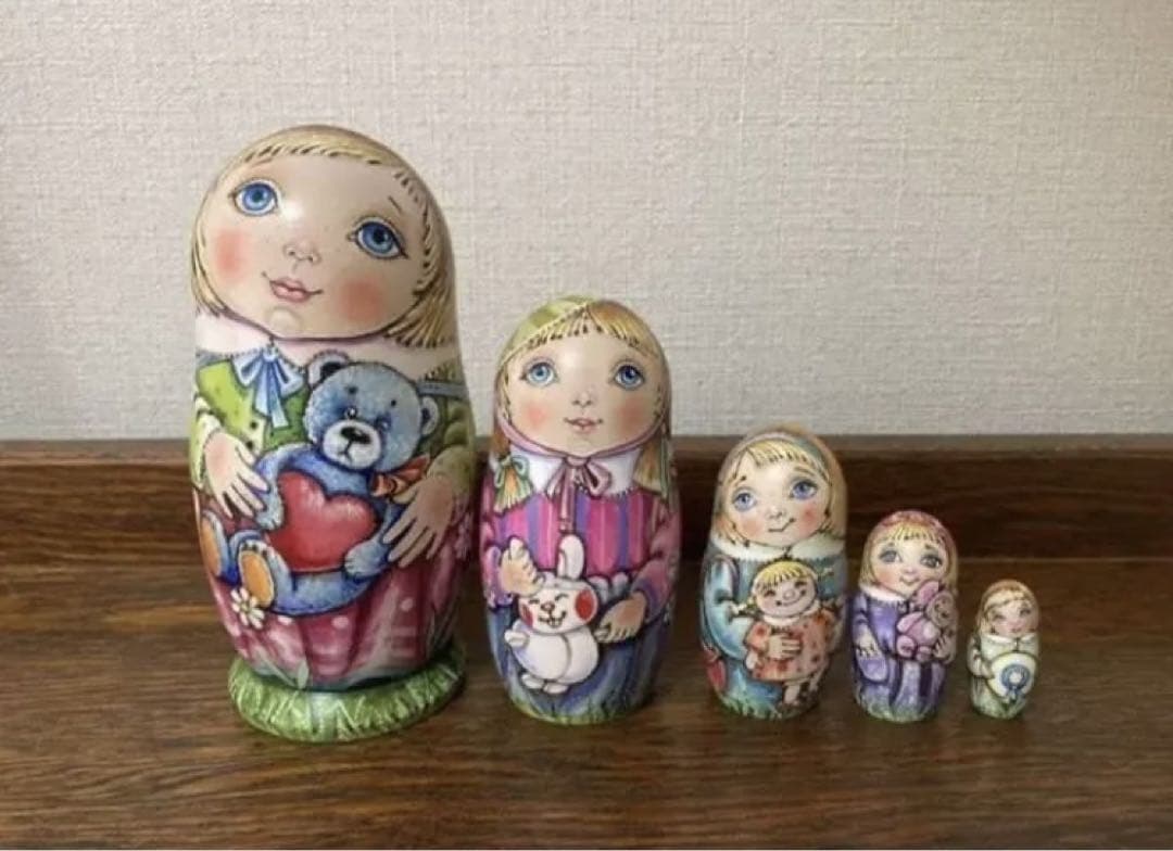 ロシア雑貨☆『Teddy bear』ウッドバーニング マトリョーシカ5P ミラ作