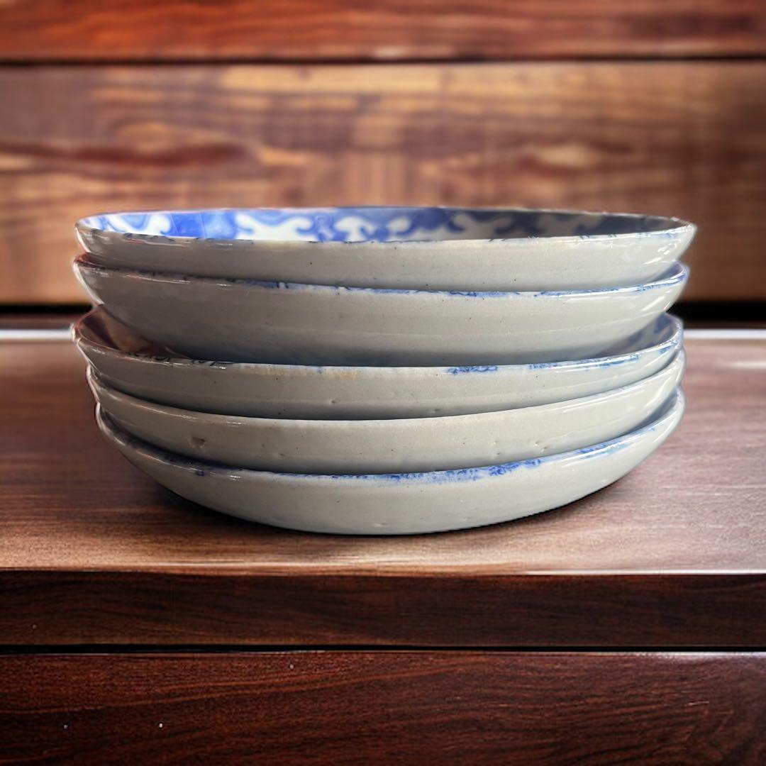 【骨董】古伊万里 小皿 明治期 藍色 ５枚 印判 アンティーク 陶磁器 染付け