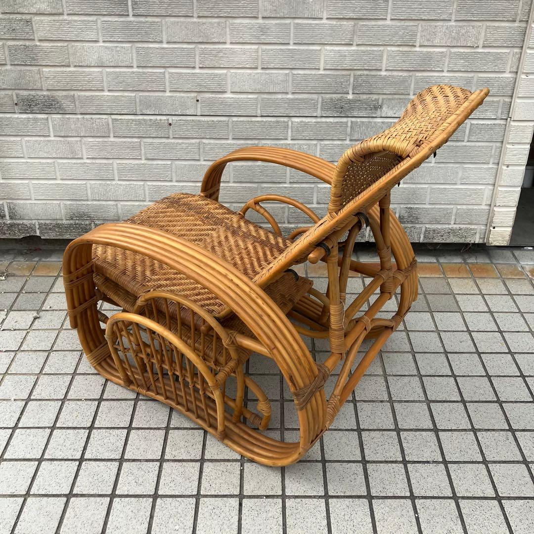 昭和レトロ ラタンリクライニングチェア オットマン付き 籐家具 1人掛けソファー