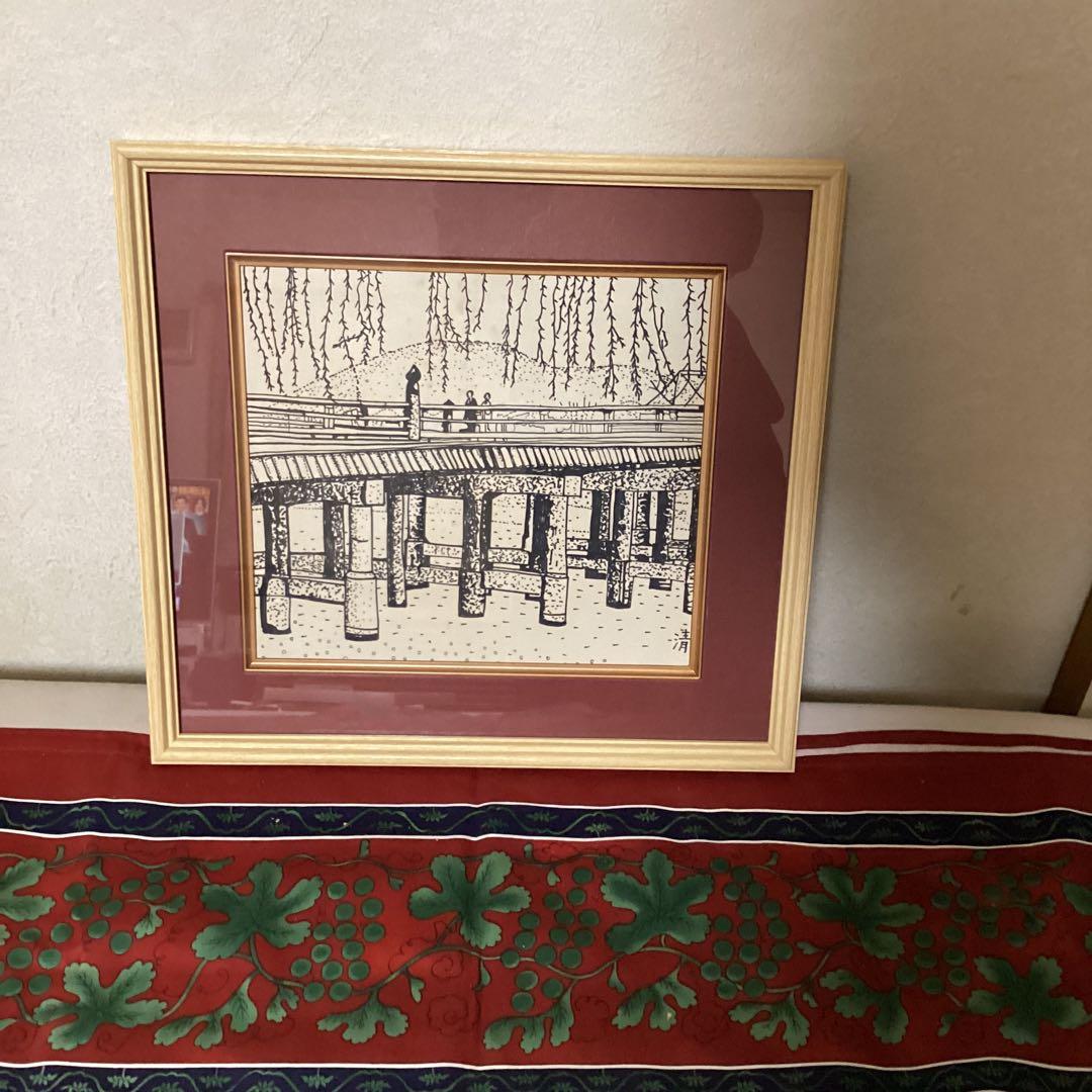 山下清　フェルトペン　色紙絵【　京都三条大橋図　】　肉筆　　落款印譜有　 模写