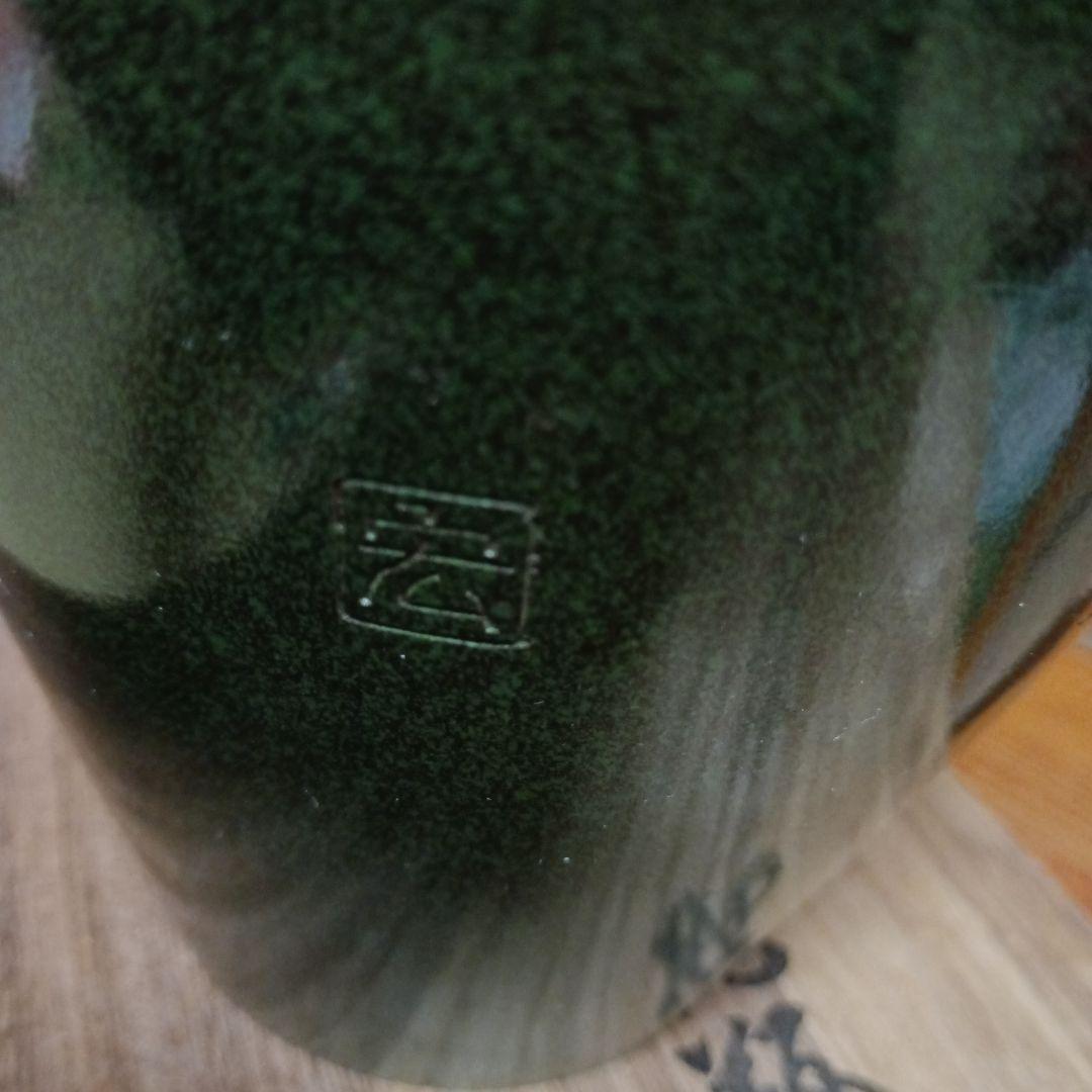 緑色の鶴模様の陶器花瓶 約29cm