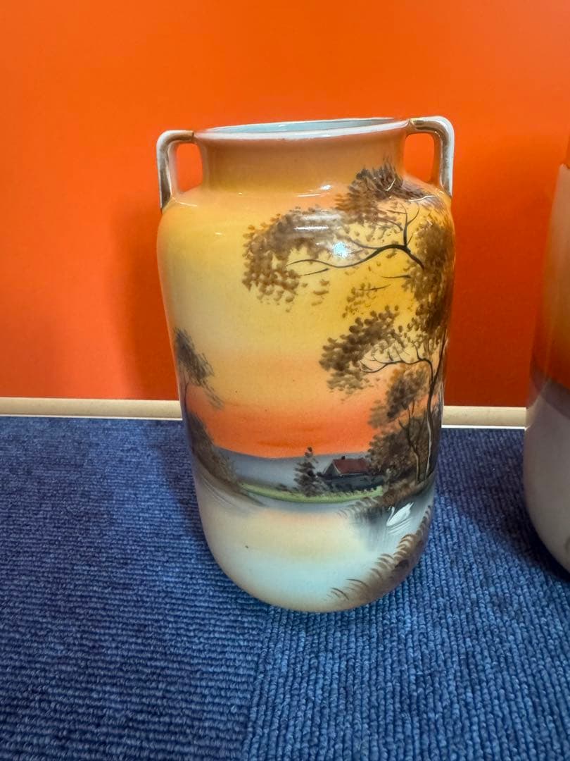 1843  オールドノリタケ　双耳風景図　花瓶   2客　時代物