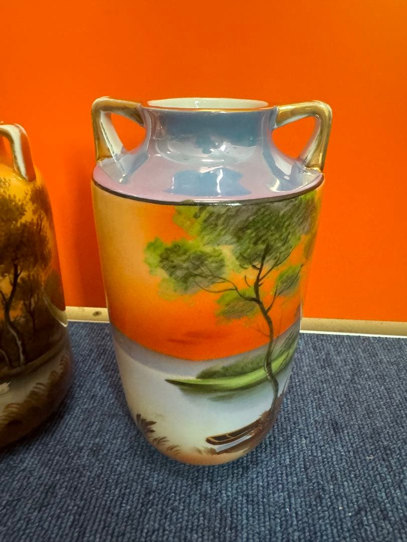 1843  オールドノリタケ　双耳風景図　花瓶   2客　時代物