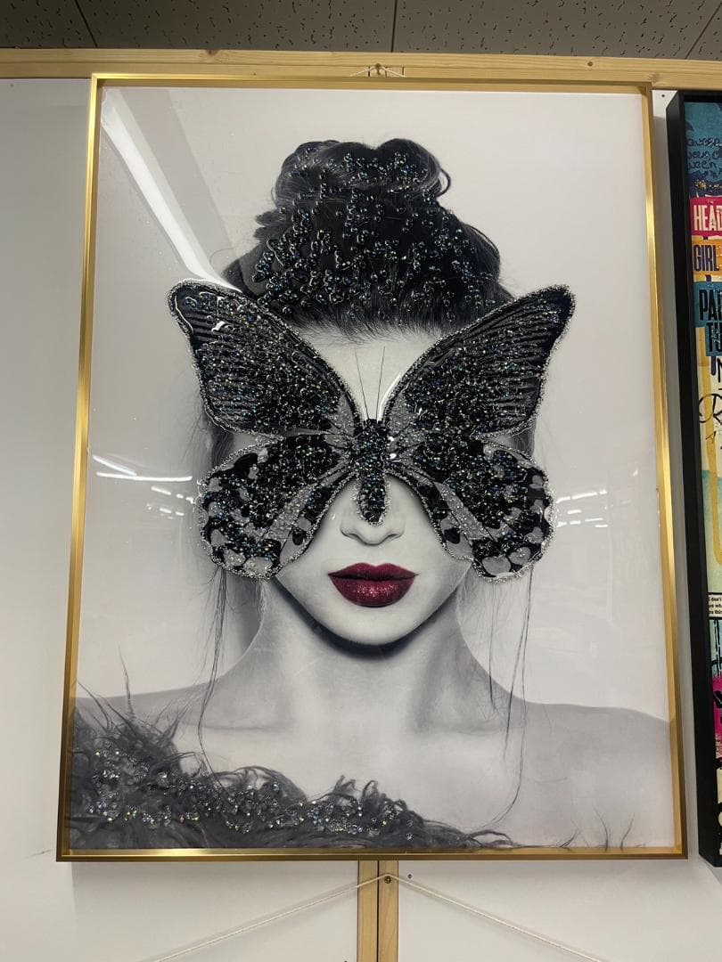 水晶絵　アートパネル　クリスタル　立体　絵画　アート　蝶　ブラック　モノクロ　金