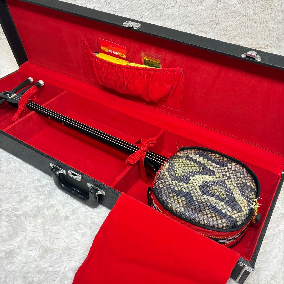 三線 沖縄 人工皮 民謡和楽器 付属品多数　ハードケース付き　蛇皮