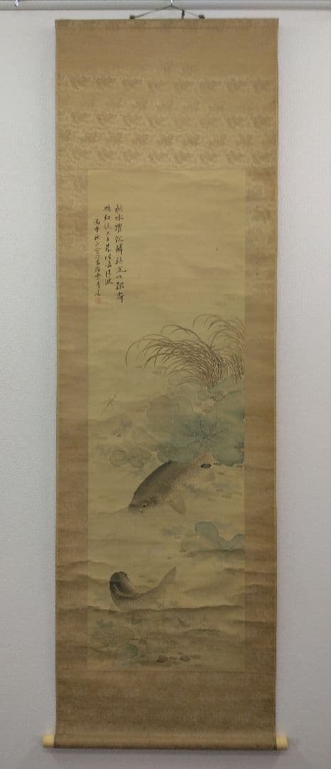 櫻間青厓【遊鯉之図】絹本　掛軸（杉原夷山／清水退軒）