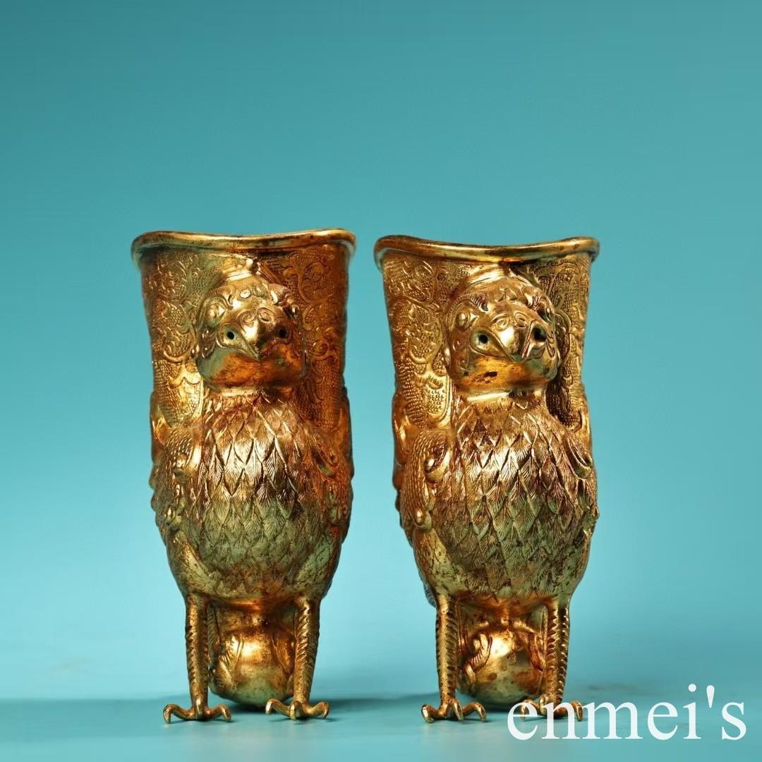 中国古美術・旧蔵高浮彫鏨刻鎏金の鳳凰酒杯セット・純銅制・手作り・酒具・風水開運