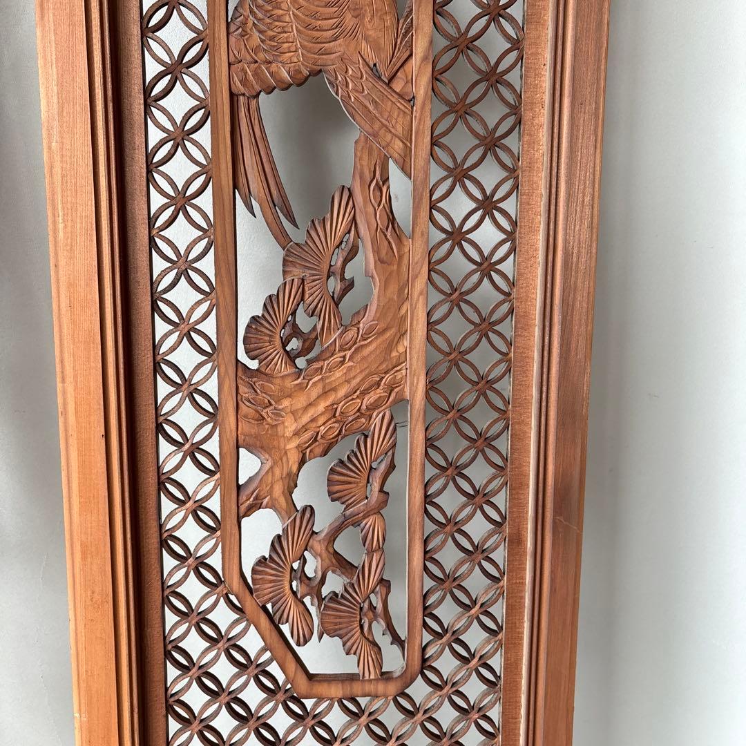 古い彫刻欄間　七宝組子　松　鷹　らんま　格子　手彫　木彫　木彫り　白木　当時物1